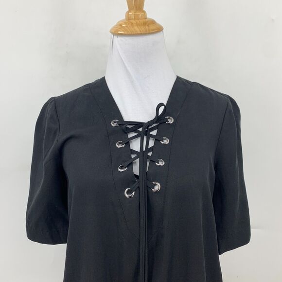 BCBGeneration Shift Mini Shirt Dress Womens XXS 2XS Black Lace Up Pockets - Picture 4 of 16